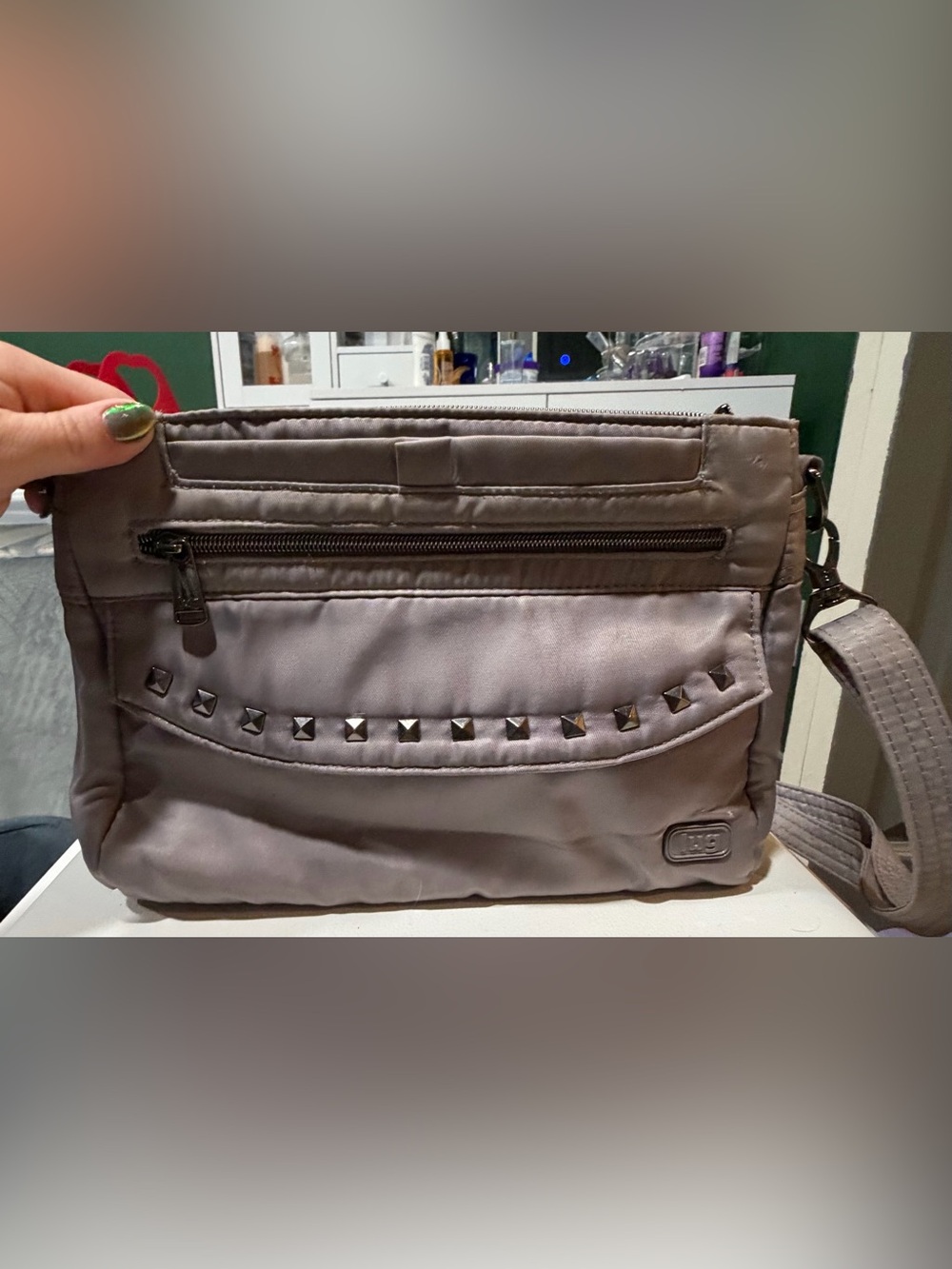 lug Gray Crossbody Cosmetic Pouch with Stud Accent